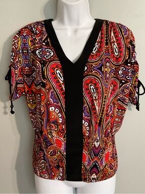 J.T.B. Paisley V-Neck Smocked Waist Blouse with Black Center Panel Size Medium